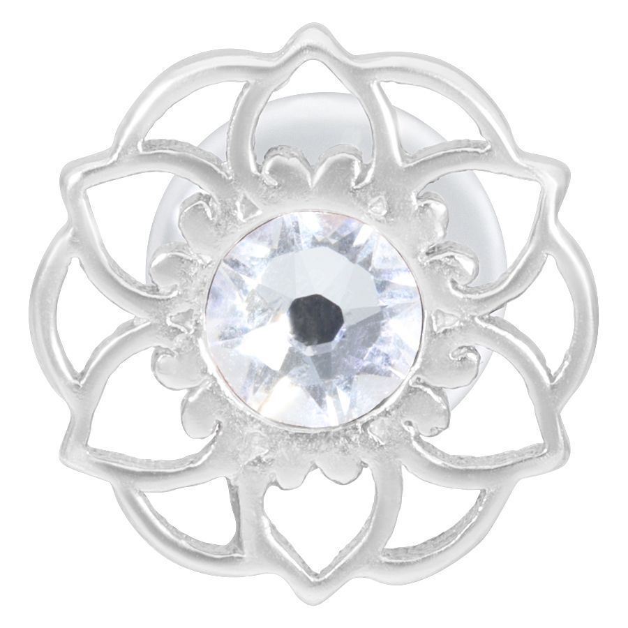 Silbernes Mandala Flower Push-Fit Labret Silbernes Labret mit Mandala-Design und klaren Kristall auf weißem Hintergrund