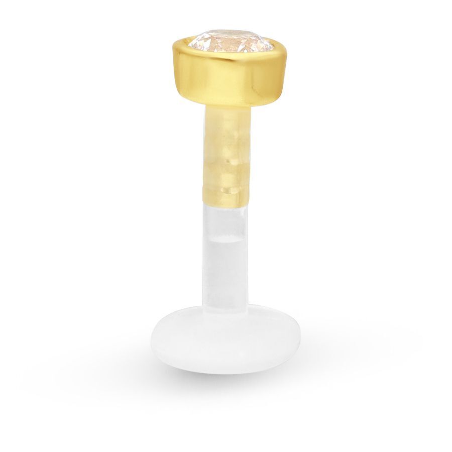 18k Gold Kristall Push-Fit Labret Goldenes Labret mit Kristall auf weißem Hintergrund