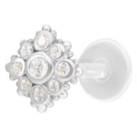 Florescence Push-Fit Labret Silber Silbernes Push-Fit Labret mit kristallklaren Steinen auf weißem Hintergrund