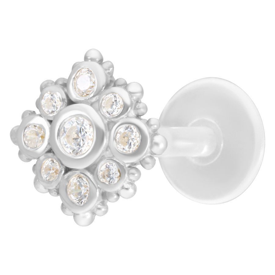 Florescence Push-Fit Labret Silber Silbernes Push-Fit Labret mit kristallklaren Steinen auf weißem Hintergrund
