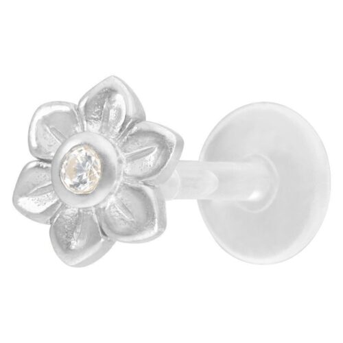 Silbernes Blumen Labret mit klarem Kristall auf weißem Hintergrund