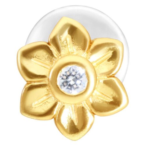 Goldenes Labret mit Blumenaufsatz und klarem Kristall auf weißem Hintergrund