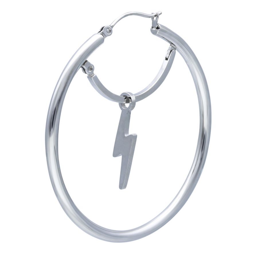 Silberne Basic Hoops mit Blitzanhänger 45 MM Silberner Ohrring mit Klappverschluss und Blitzanhänger auf weißem Hintergrund