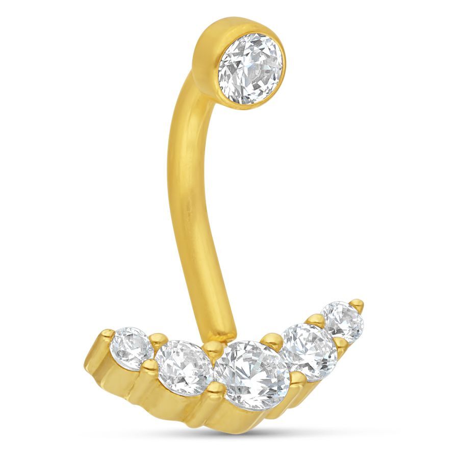 18K Gold Microbananabell mit 5 Kristallen Goldenes Microbananabell mit fünf klaren Kristallen auf weißem Hintergrund