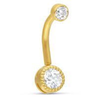18K Gold Bananabell mit klarem Kristall Goldenes Bananabell mit zwei klaren Kristallen auf weißem Hintergrund