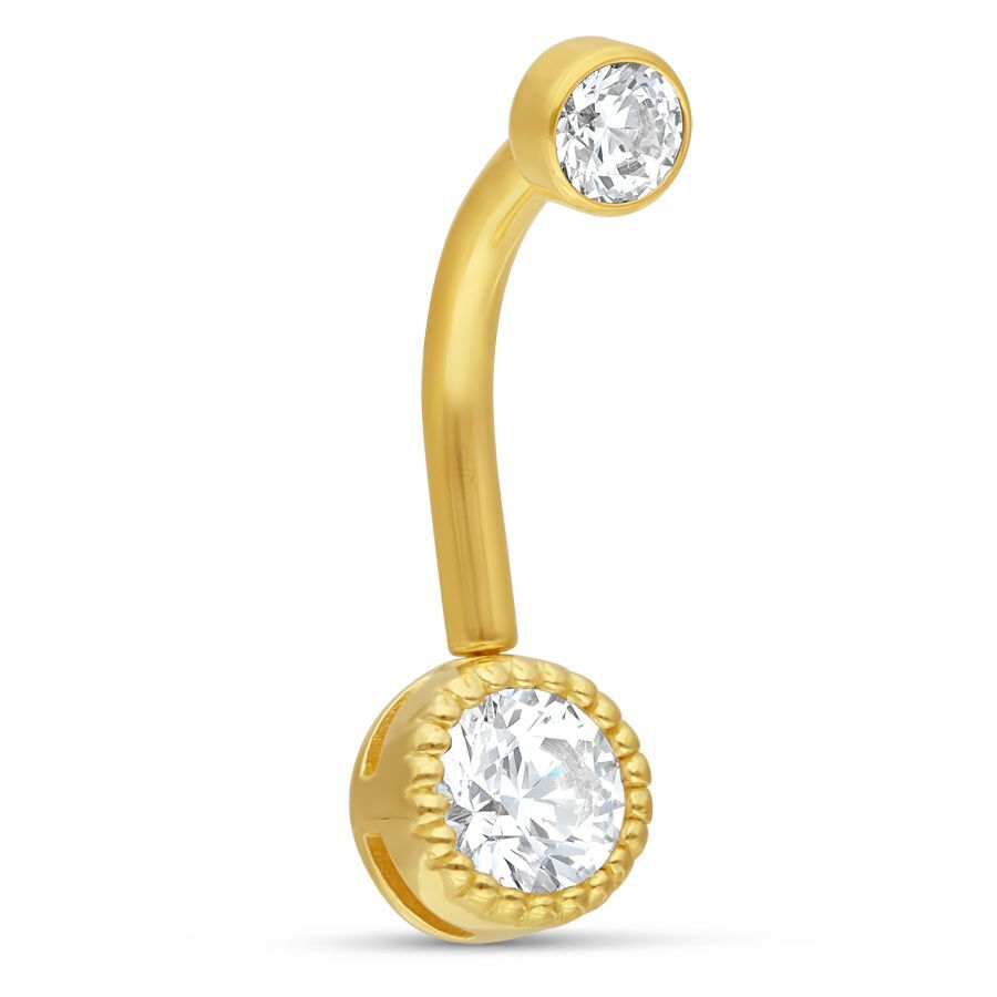 18K Gold Bananabell mit klarem Kristall Goldenes Bananabell mit zwei klaren Kristallen auf weißem Hintergrund
