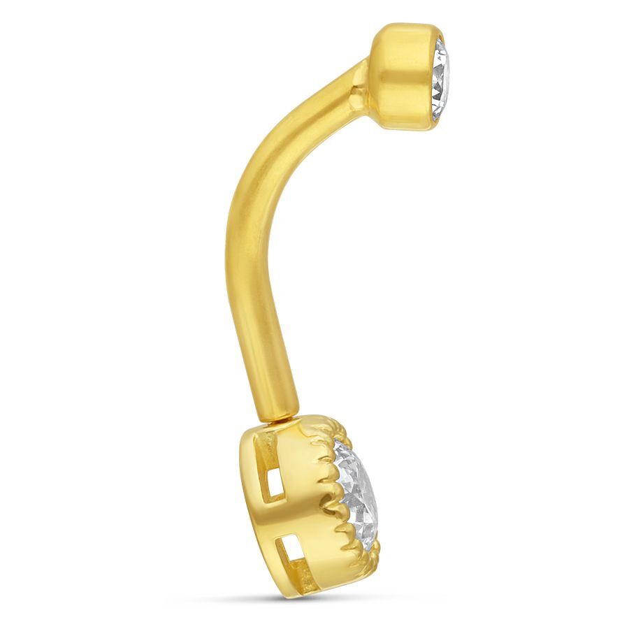 18K Gold Microbananabell mit Kristall 18K Gold Bananabell mit klarem Kristall auf weißem Hintergrund