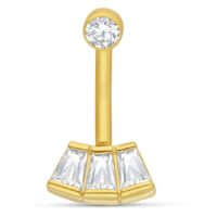 18K Gold Baguette Kristall Microbananabell Goldenes Bananabell mit klaren Kristallen auf weißem Hintergrund