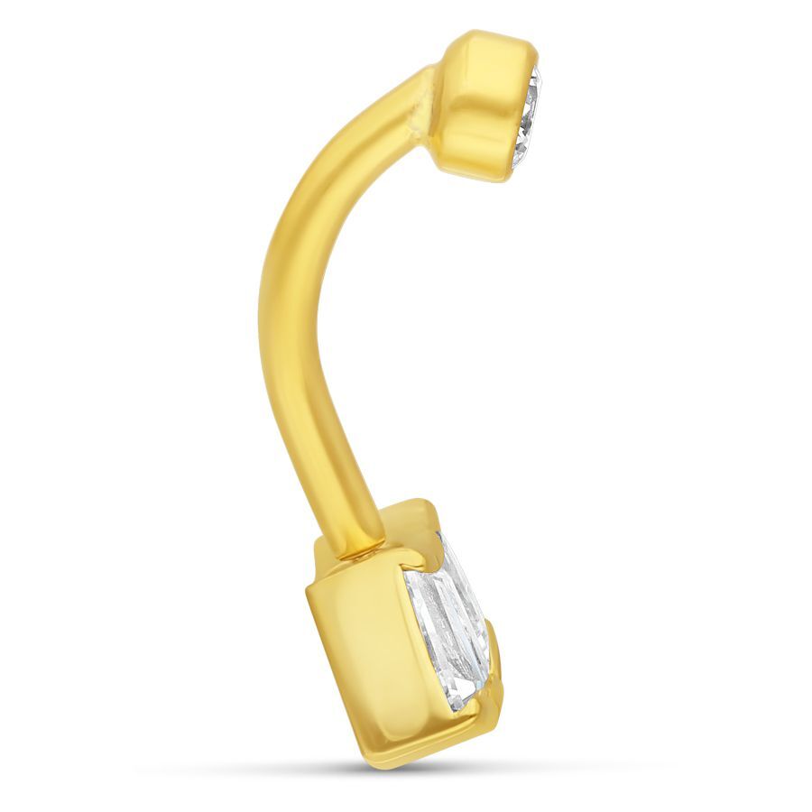 18K Gold Baguette Crystal Microbananabell Goldenes Bananabell mit Kristall auf weißem Hintergrund