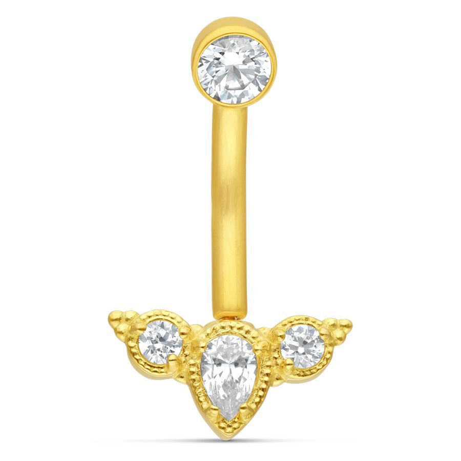 18K Gold Tiara Microbananabell mit Kristallen Goldenes Microbananabell mit klaren Kristallen auf weißem Hintergrund