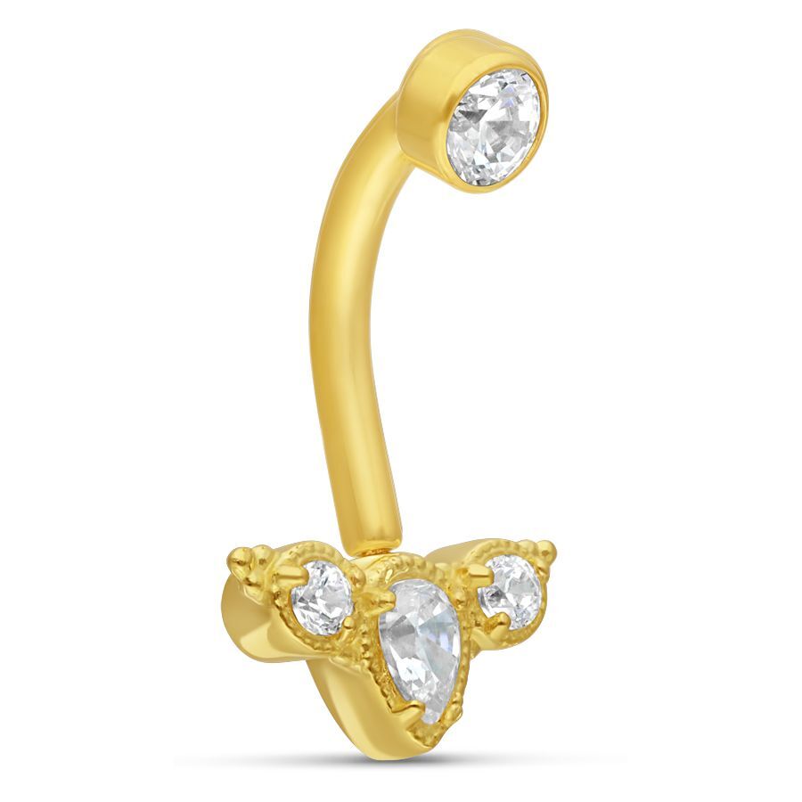 18K Gold Tiara Microbananabell mit Kristallen Goldenes Bananabell-Piercing mit klaren Kristallen auf weißem Hintergrund