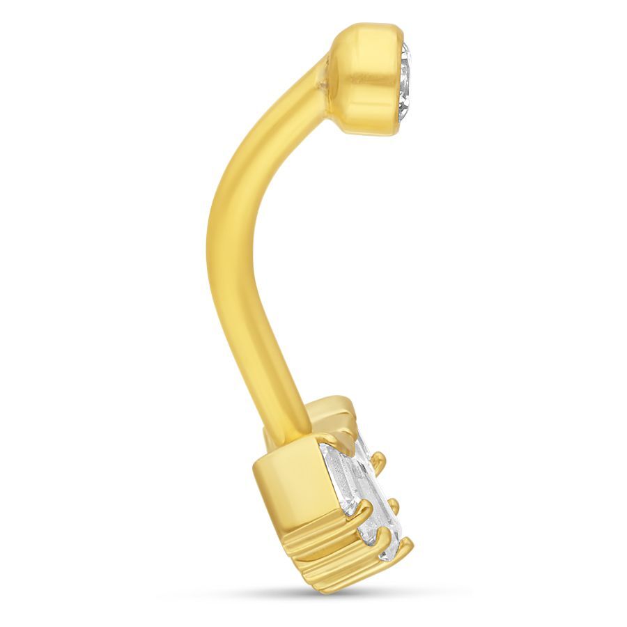 18K Gold Microbananabell mit Kristall Goldenes Microbananabell aus 18K mit klarem Kristall auf weißem Hintergrund