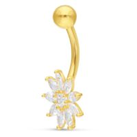18k Gold Bananabell mit Kristallblume Bauchnabelpiercing aus 18k Gold mit Kristallblume auf weißem Hintergrund