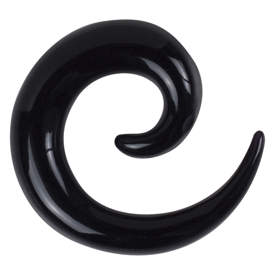 Schwarze Acryl Dehnspirale von Wildcat Schwarze Dehnspirale aus Acryl mit glänzender Oberfläche auf weißem Hintergrund