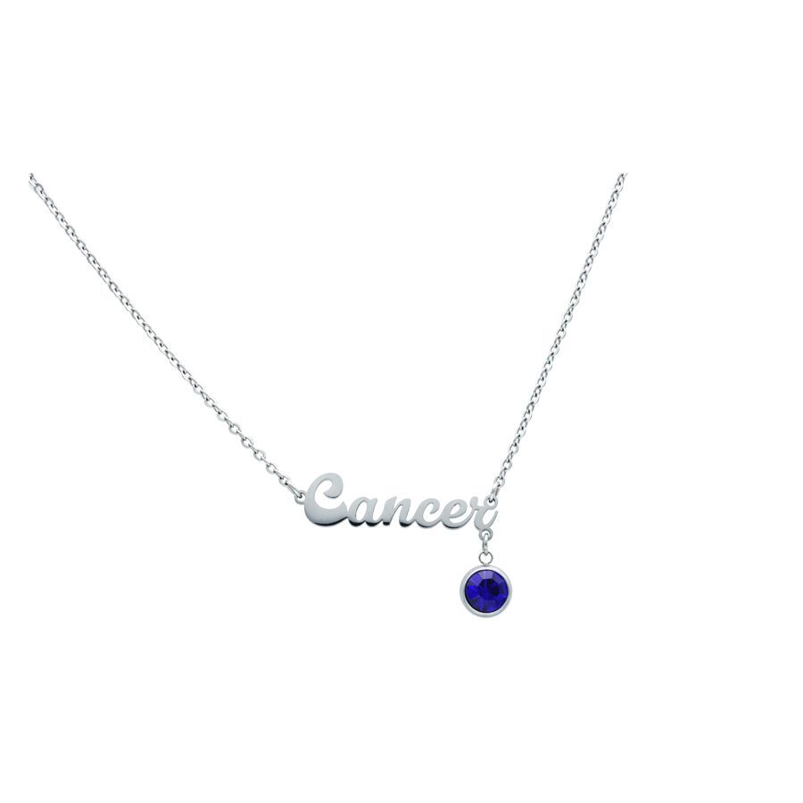 Silberne Cancer Kette mit blauem Kristall Silberne Kette mit 'Cancer' Schriftzug und blauem Kristallanhänger auf weißem Hintergrund