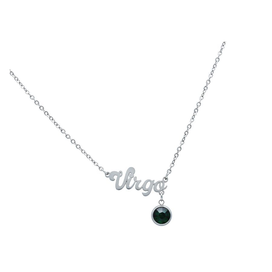 Silberne Virgo Kette aus Chirurgenstahl Silberne Kette mit Virgo-Schriftzug und schwarzem Anhänger auf weißem Hintergrund