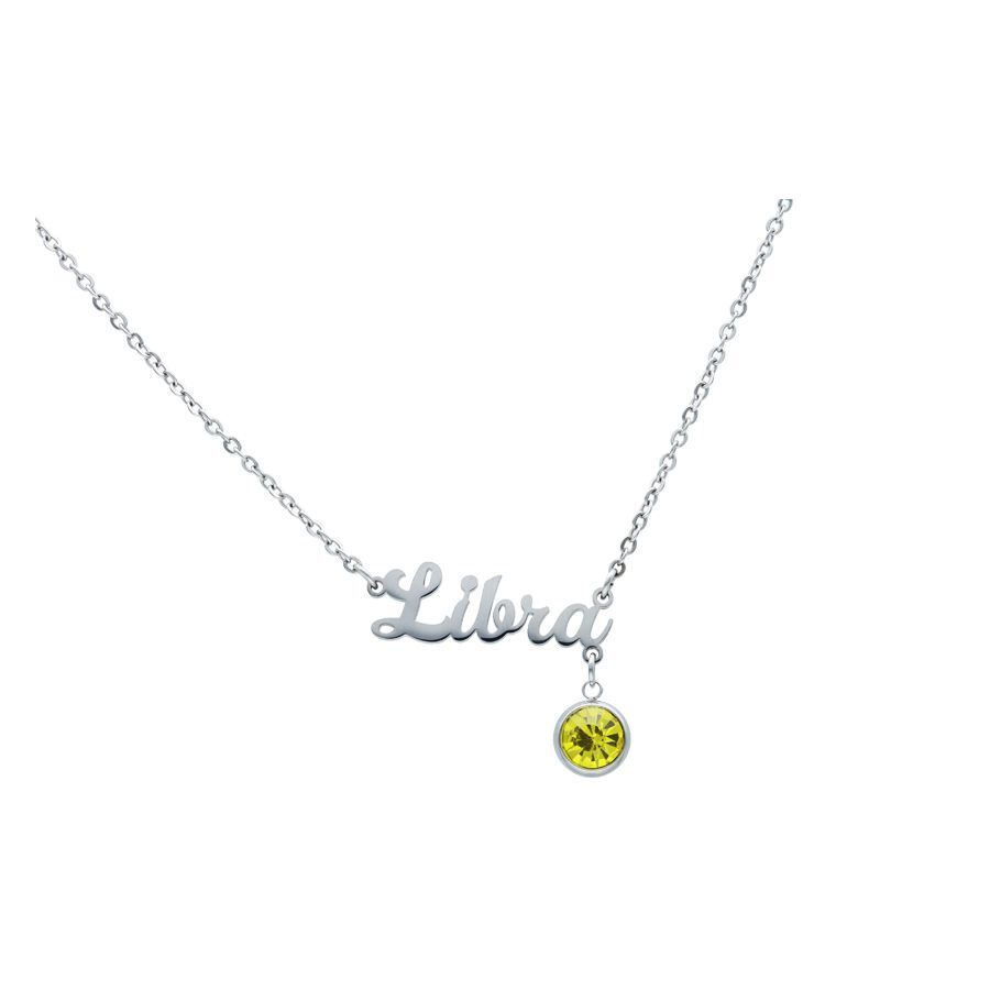 Libra Kette aus Chirurgenstahl mit gelbem Kristall Silberne Libra Kette mit gelbem Kristallanhänger auf weißem Hintergrund
