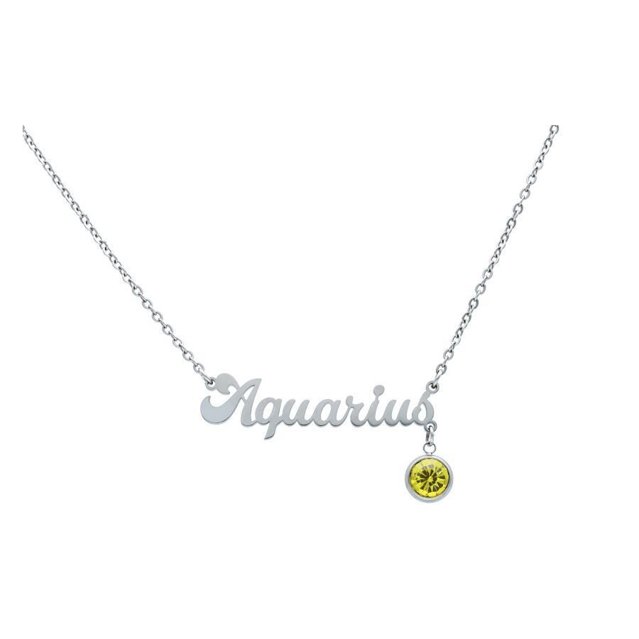 Aquarius Kette aus Silber mit gelbem Kristall Silberne Aquarius Kette mit gelbem Kristall auf weißem Hintergrund