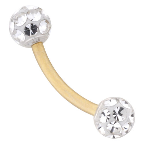 Bauchnabelpiercing in Gold mit zwei kristallklaren Kugeln auf weißem Hintergrund