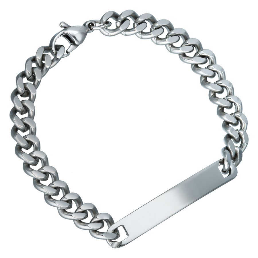 Silbernes gravierbares Armband aus Chirurgenstahl auf weißem Hintergrund