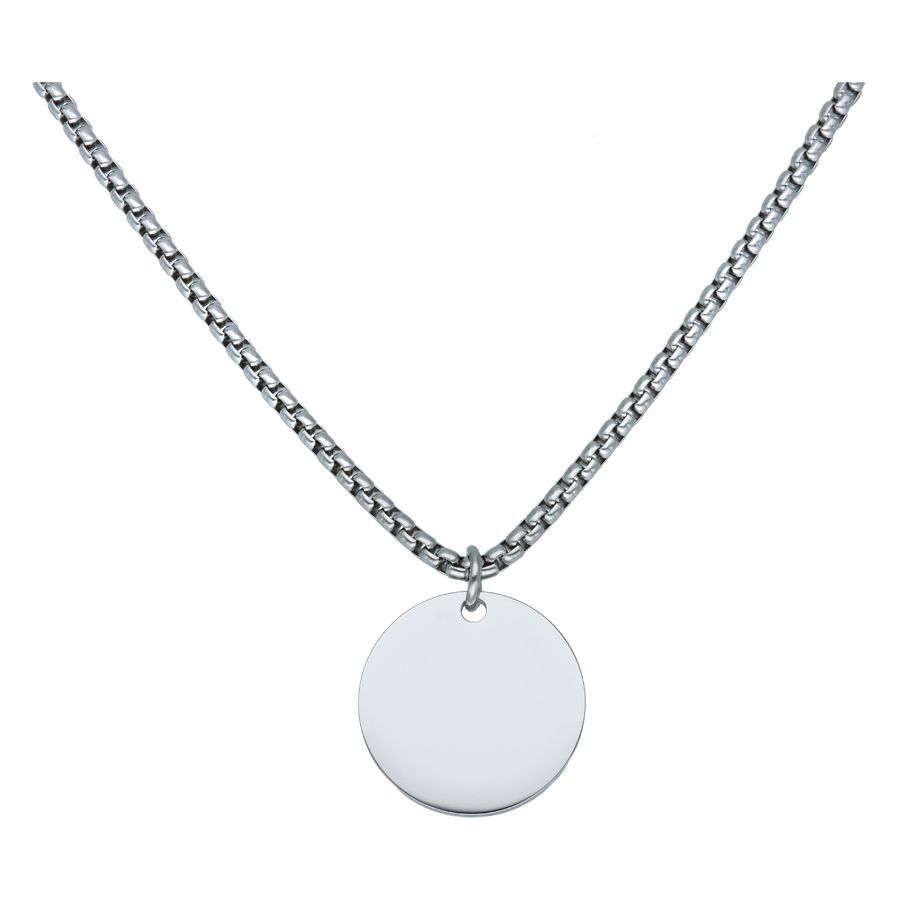 Gravierbare Kette aus Chirurgenstahl, Silber Silberne gravierbare Kette aus Chirurgenstahl mit rundem Anhänger auf weißem Hintergrund