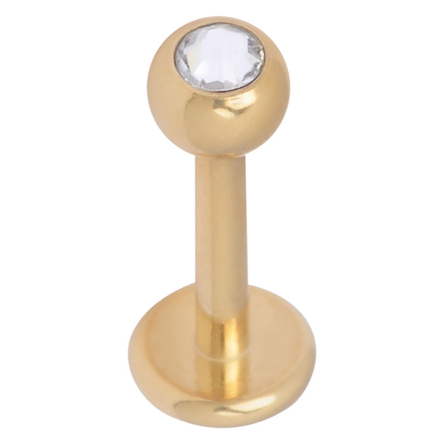 Goldenes Titan Labret mit Kristall Goldenes Titan Labret mit klarem Kristall auf weißem Hintergrund