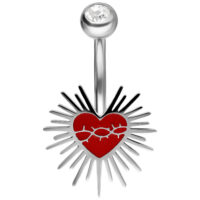 Sacred Heart Bananabell mit rotem Herzdesign Silbernes Bananabell mit rotem Herz und Strahlen auf weißem Hintergrund