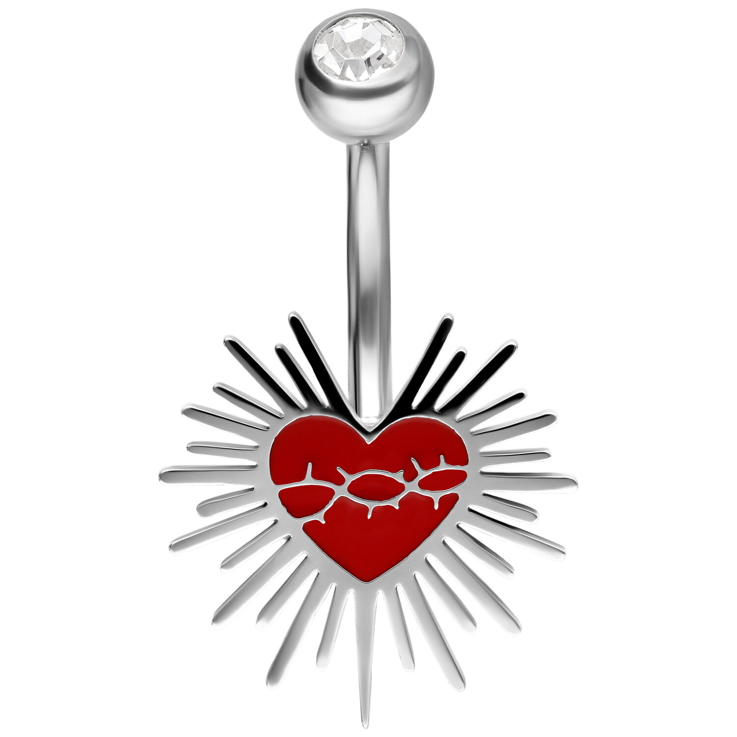 Sacred Heart Bananabell mit rotem Herzdesign Silbernes Bananabell mit rotem Herz und Strahlen auf weißem Hintergrund