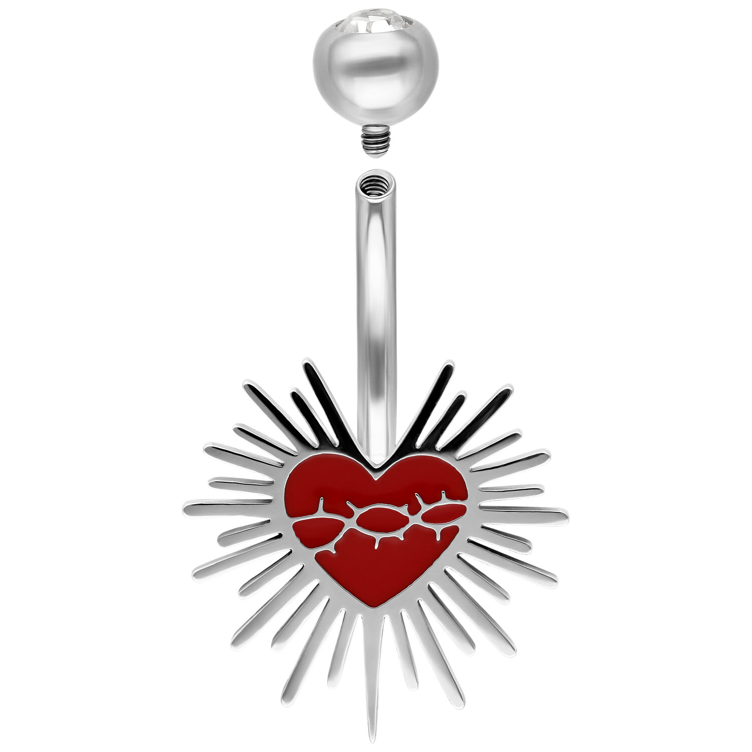 Bauchnabel Bananabell mit Sacred Heart Design Silbernes Titan Bananabell mit rotem Sacred Heart und Dornenkranz auf weißem Hintergrund