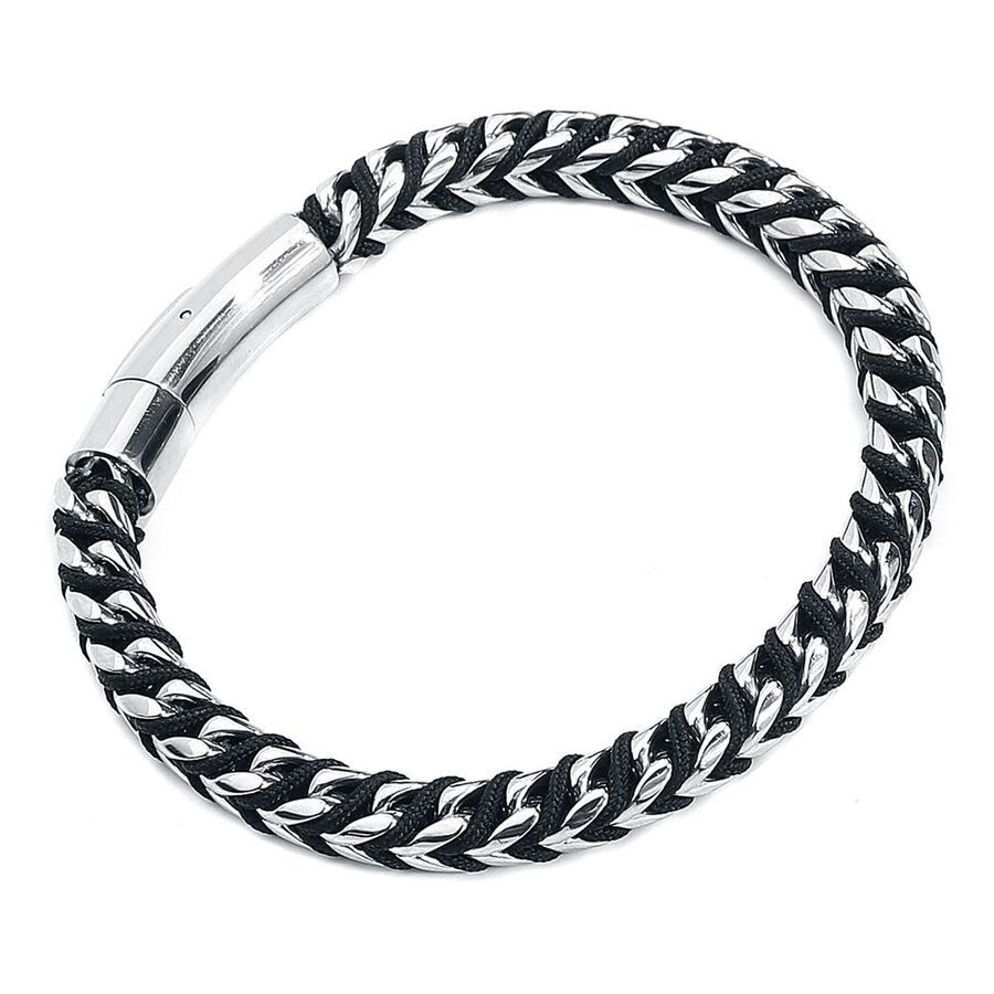 Viper Armband aus Nylon und Chirurgenstahl Schwarzes und silbernes Armband aus Nylon und Chirurgenstahl auf weißem Hintergrund