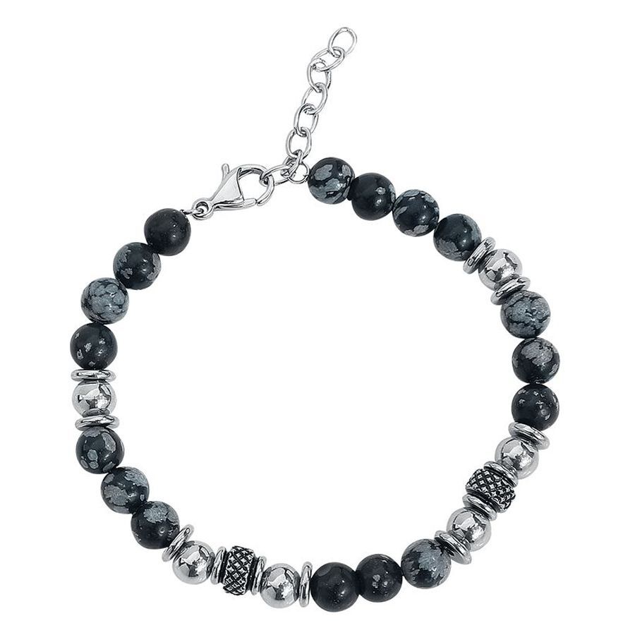 Clastic Rock Armband aus Chirurgenstahl Schwarzes Armband mit Steinen und Chirurgenstahl-Perlen auf weißem Hintergrund
