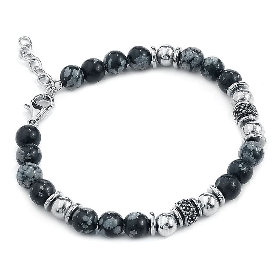 Schickes Clastic Rock Armband aus Chirurgenstahl Clastic Rock Armband mit schwarzen und silbernen Perlen auf weißem Hintergrund