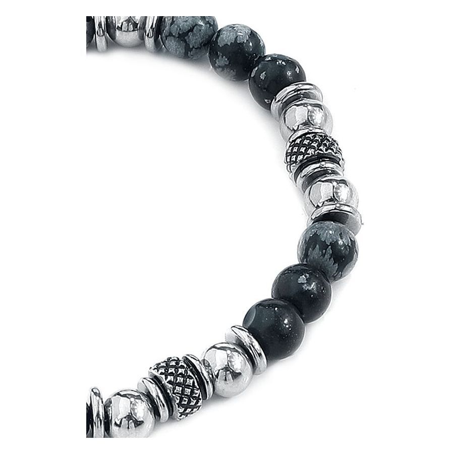 Clastic Rock Armband aus Chirurgenstahl Schwarzes und silbernes Armband mit Stein- und Stahlperlen auf weißem Hintergrund