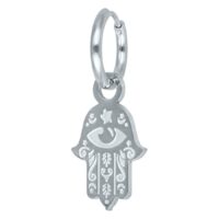 Silberne Hamsa Hand Ohrringe aus Edelstahl Silberner Hamsa Hand Ohrring aus Edelstahl auf weißem Hintergrund