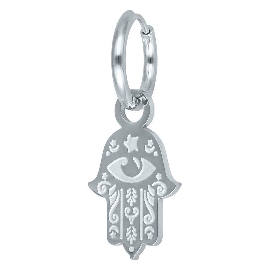 Silberne Hamsa Hand Ohrringe aus Edelstahl Silberner Hamsa Hand Ohrring aus Edelstahl auf weißem Hintergrund