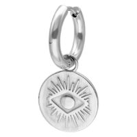 Silberne Creolen mit Auge-Motiv, glänzend Silberne Creolen mit rundem Anhänger und Auge-Design auf weißem Hintergrund