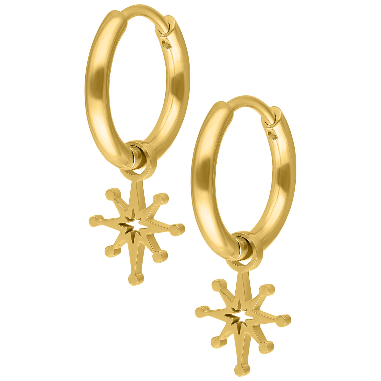 Mini Polar Star Hoops in Gold Goldene Creolen mit hängendem Polarstern-Anhänger auf weißem Hintergrund