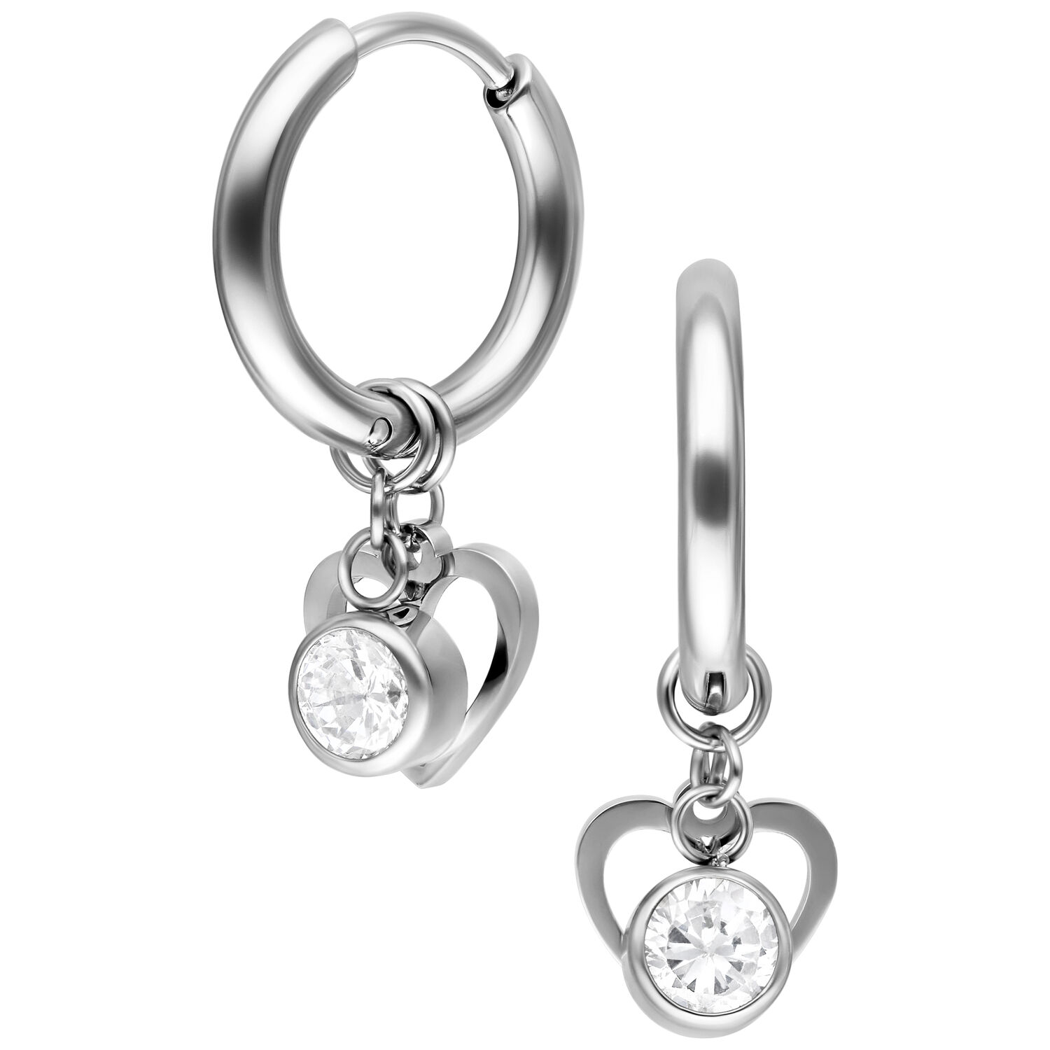 Mini Herz Ohrringe mit Kristallanhänger, Silber Silberne Creolen mit herzförmigem Kristallanhänger auf weißem Hintergrund