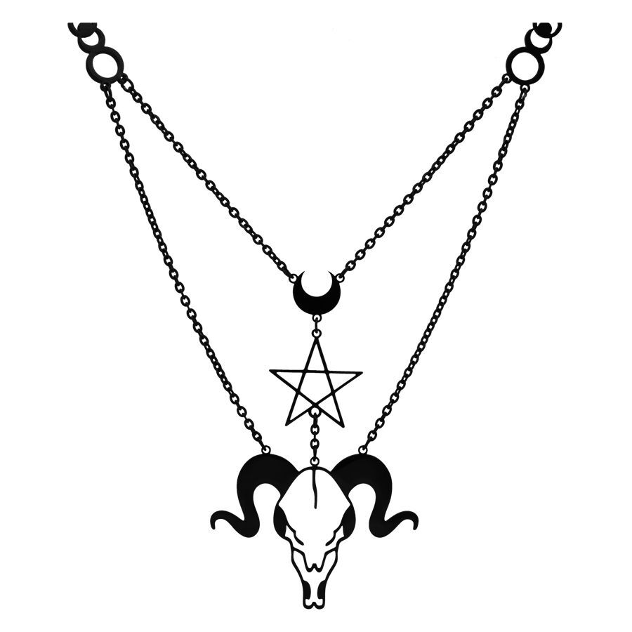 Dark Aries Kette aus Chirurgenstahl Schwarze Kette mit Widderkopf und Pentagramm auf weißem Hintergrund