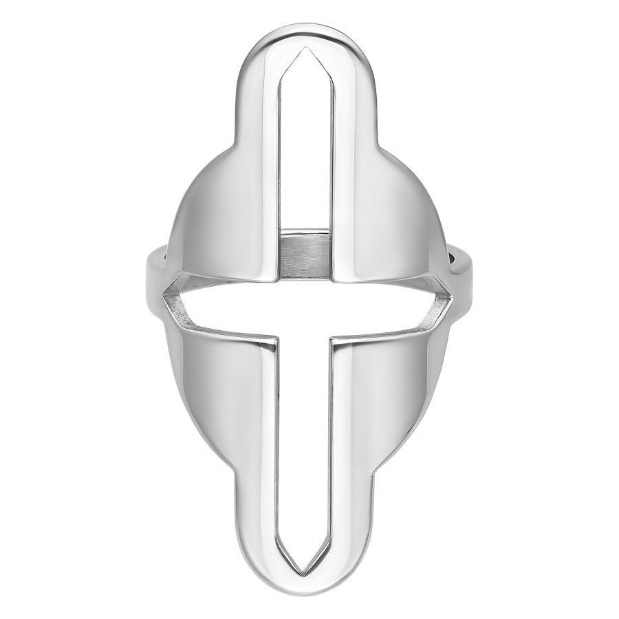 Silberner Big Cross Cutted Ring aus Stahl Silberner Fingerring aus Chirurgenstahl mit kreuzförmigem Design auf weißem Hintergrund