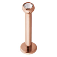 Roségoldenes Labret mit Kristallkugel Roségoldenes Labret aus Chirurgenstahl mit klarer Kristallkugel auf weißem Hintergrund