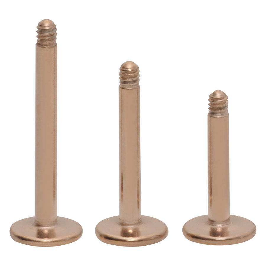 Steel Roseline Basic Labret in Roségold Drei roségoldene Labrets aus Chirurgenstahl mit Außengewinde auf weißem Hintergrund