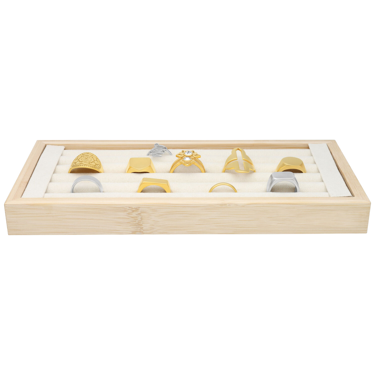 Schwarzes Ring Display von Wildcat Schwarzes Ring Display mit mehreren Ringen auf Holztablett