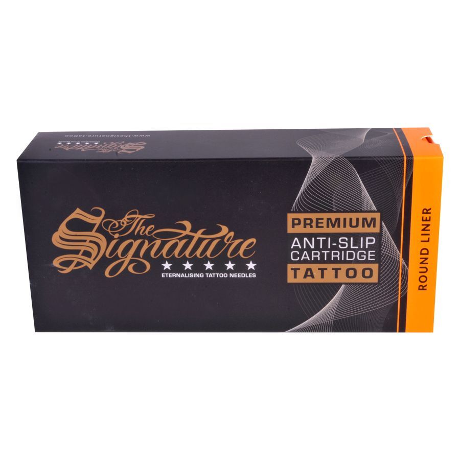 Round Liner Cartridges im schwarzen Karton Schwarze Verpackung mit goldener Aufschrift 'The Signature' und orangem Rand, auf weißem Hintergrund