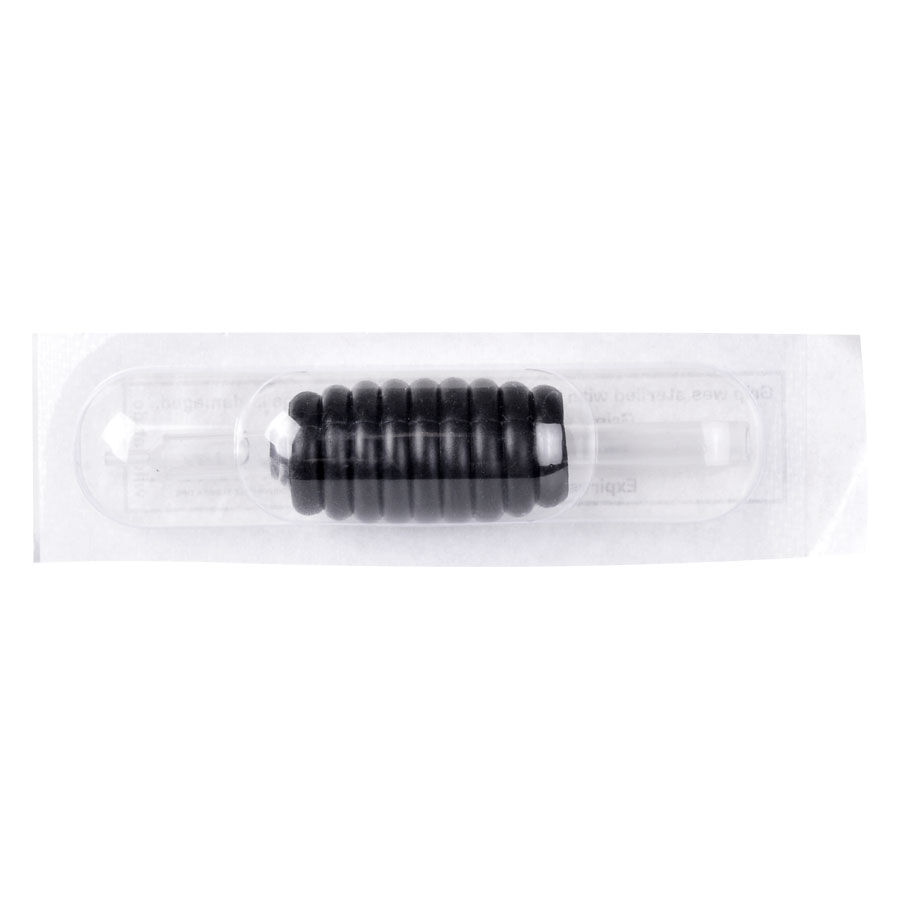 Schwarzer Hartgummi-Griff im Blister Schwarzer Hartgummi-Griff in transparenter Blisterverpackung auf weißem Hintergrund