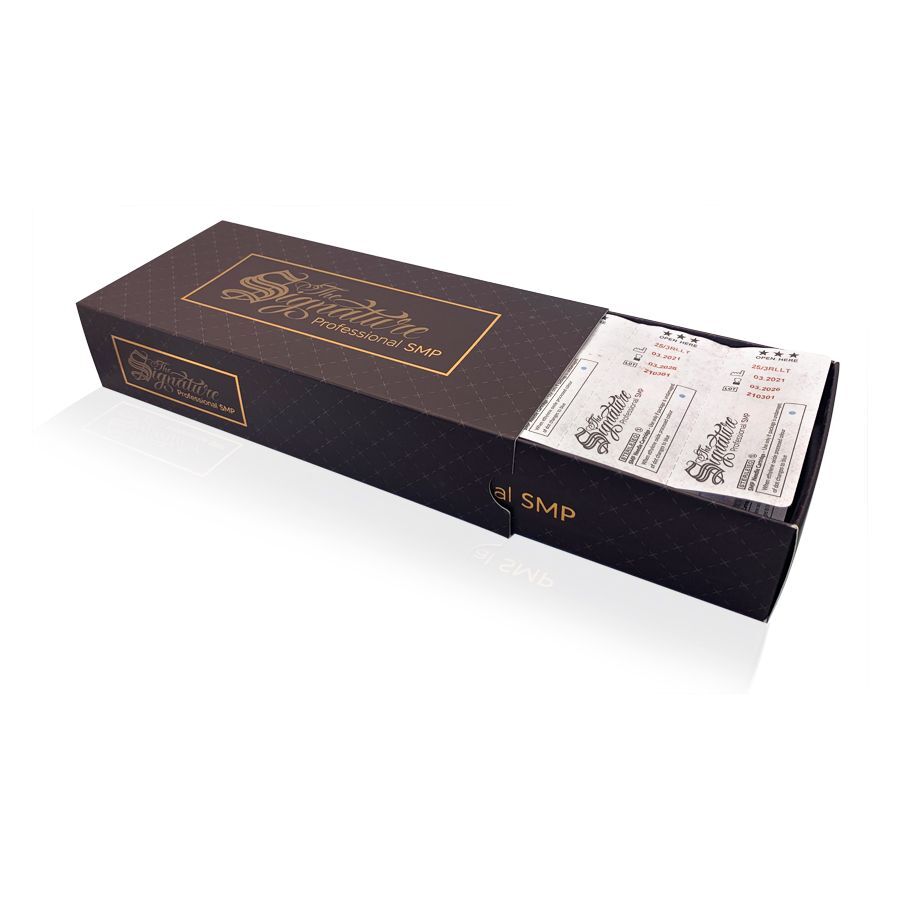 Premium SMP Round Liner Cartridges Box 20 Stk Schwarze Schachtel mit Premium SMP Round Liner Cartridges und sichtbaren Nadeln