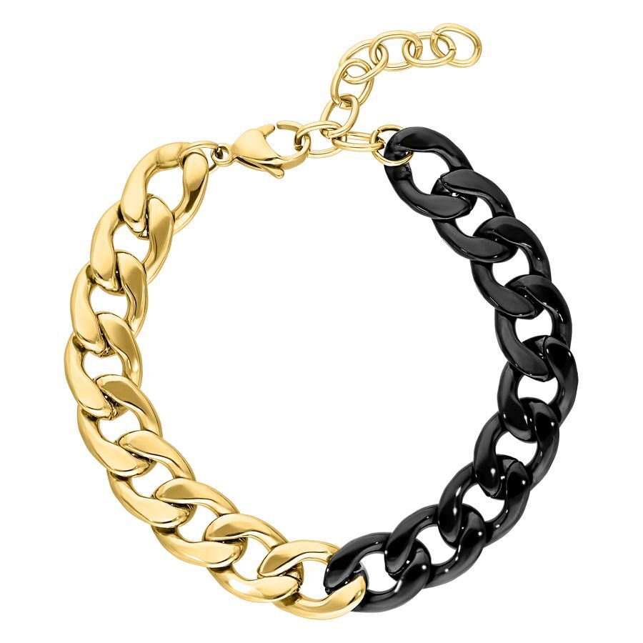 Zweifarbiges Armband aus gold- und schwarzfarbenem Chirurgenstahl, auf weißem Hintergrund