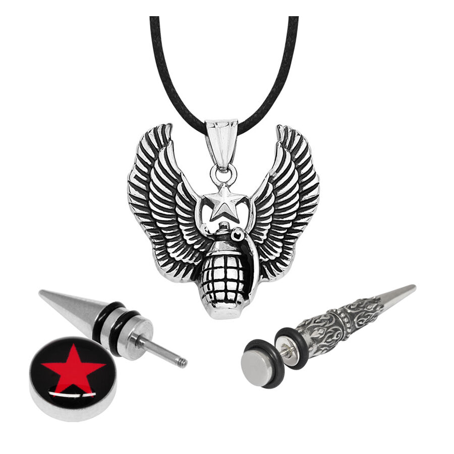 Rockstar Set mit Flügelanhänger und Piercings Silberner Flügelanhänger mit schwarzer Kette und zwei silbernen Piercings