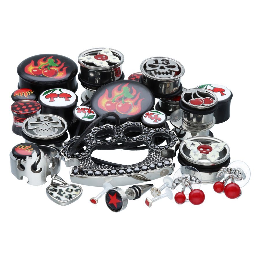 Rockabilly Schmuckset mit Kirschenmotiv Unisex Rockabilly Schmuckset mit Kirschen- und Flammenmotiven, Titan
