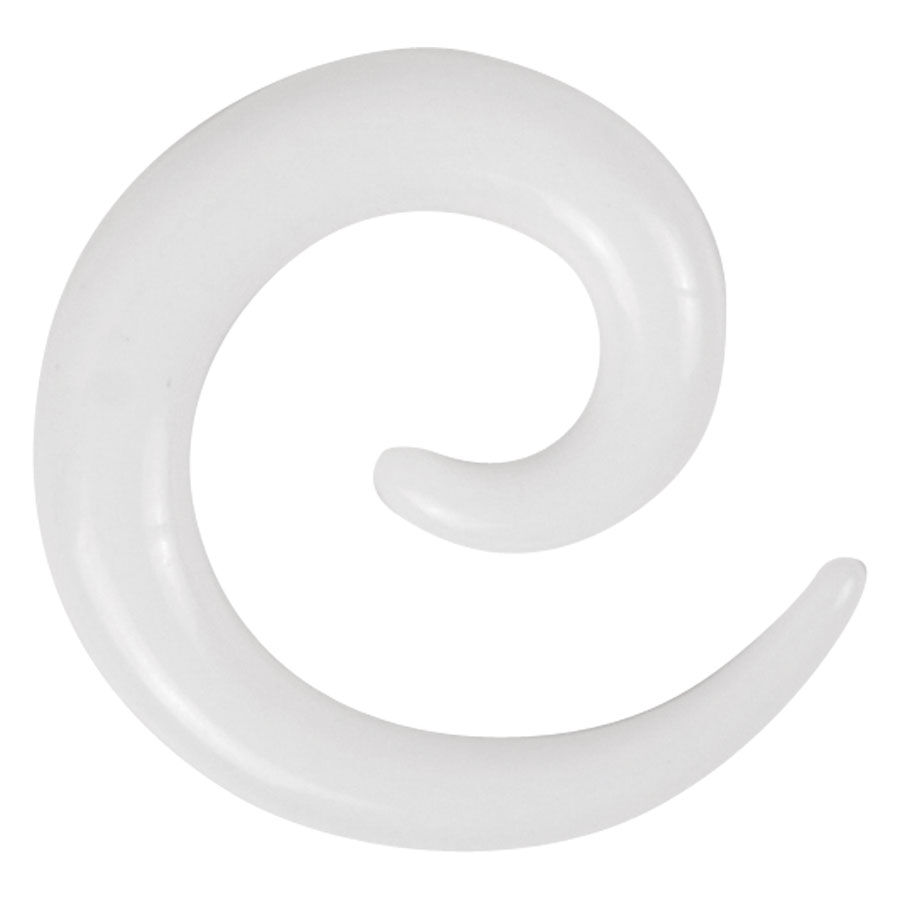 Weiße Acryl Dehnspirale für Ohrpiercings Weiße Acrylspirale auf weißem Hintergrund, Ohrpiercing